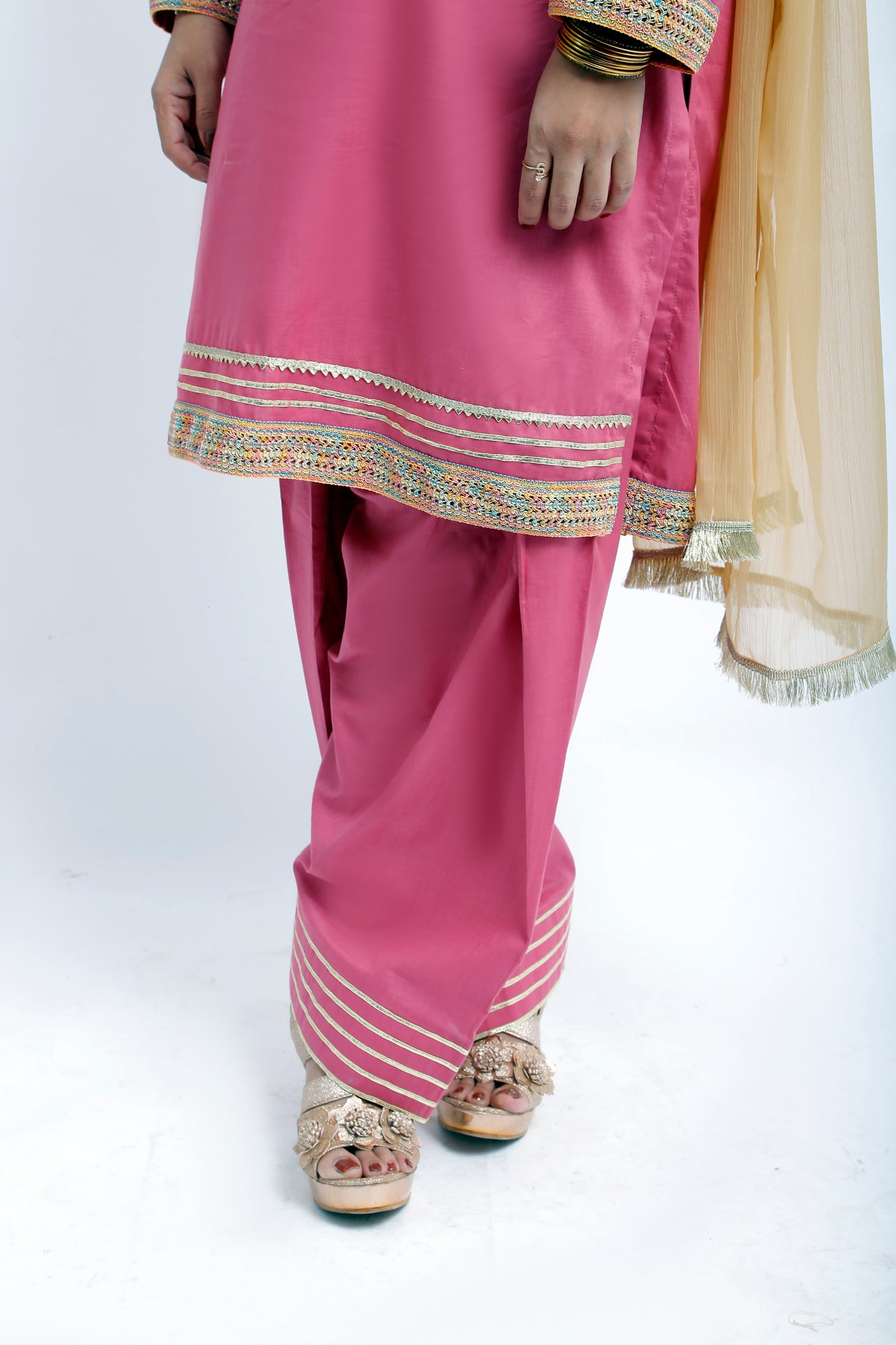 3 piece T-Pink Cotton Plazo Suit with Multicolor & Golden Laces & Golden Chiffon Dupatta. (Stitch)