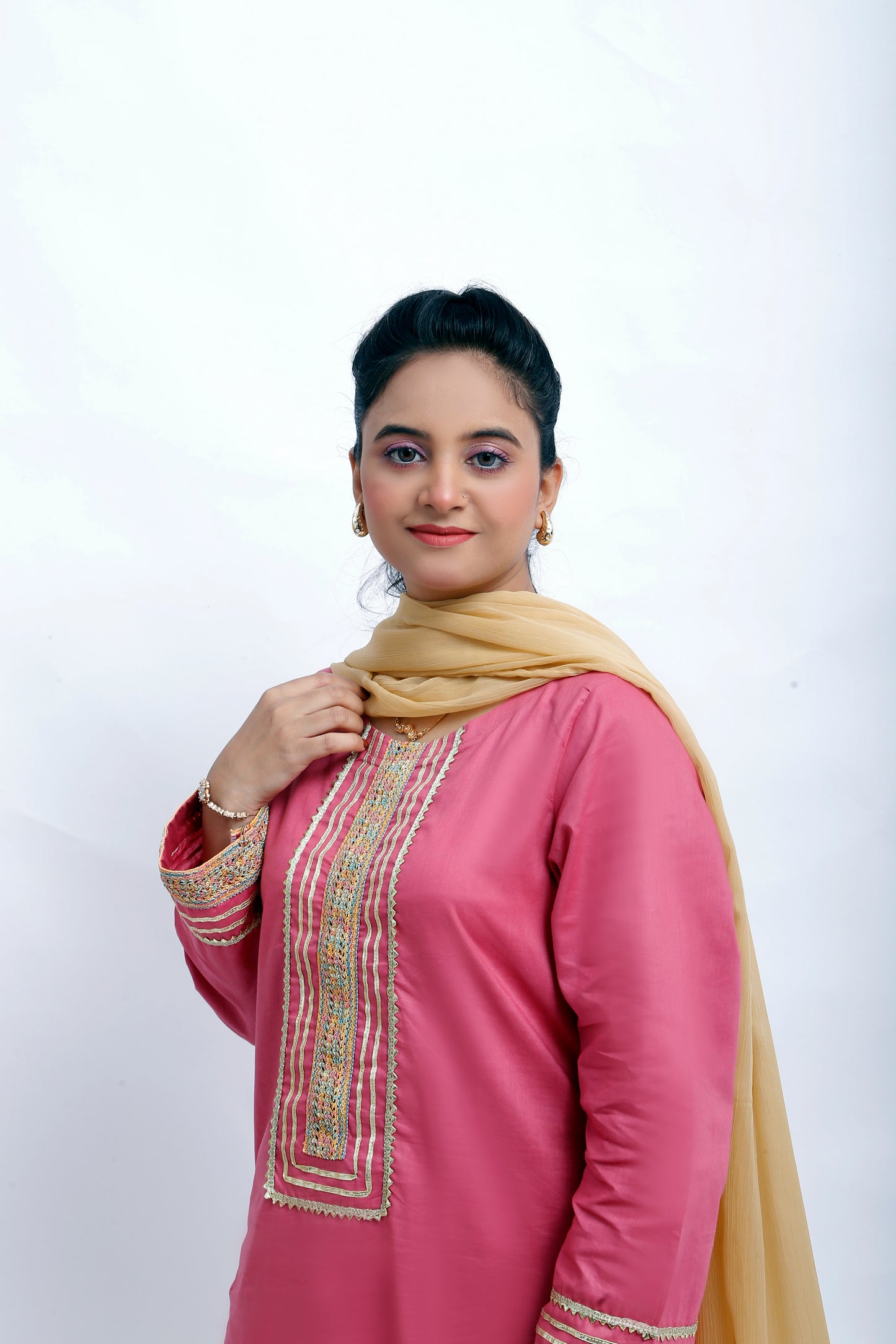 3 piece T-Pink Cotton Plazo Suit with Multicolor & Golden Laces & Golden Chiffon Dupatta. (Stitch)