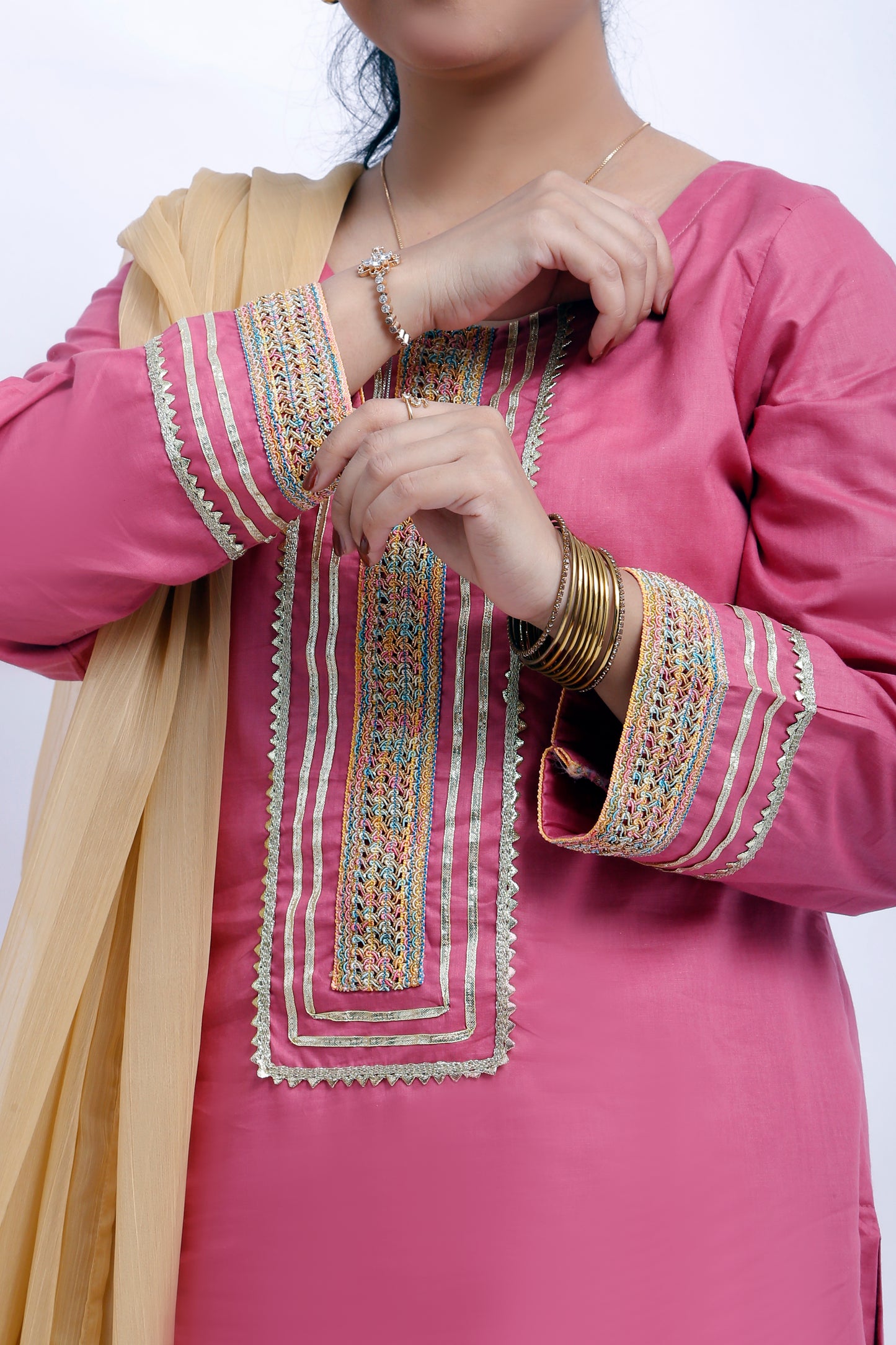 3 piece T-Pink Cotton Plazo Suit with Multicolor & Golden Laces & Golden Chiffon Dupatta. (Stitch)