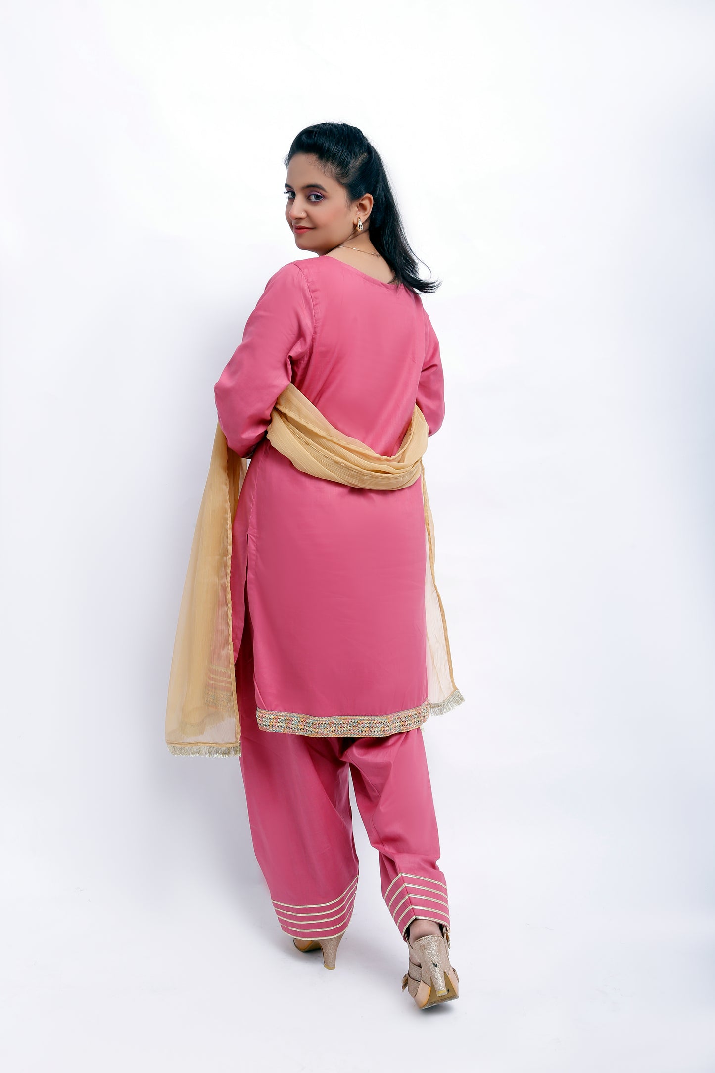 3 piece T-Pink Cotton Plazo Suit with Multicolor & Golden Laces & Golden Chiffon Dupatta. (Stitch)