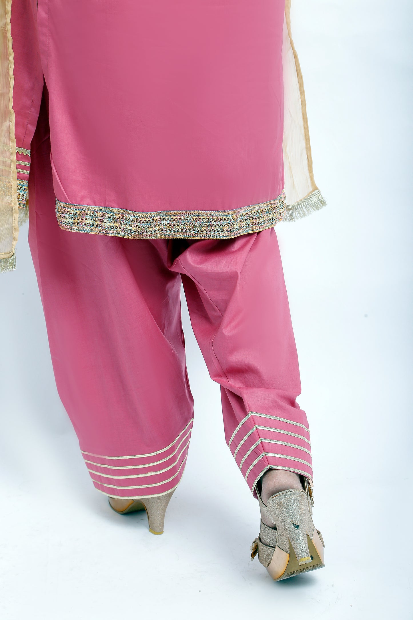 3 piece T-Pink Cotton Plazo Suit with Multicolor & Golden Laces & Golden Chiffon Dupatta. (Stitch)