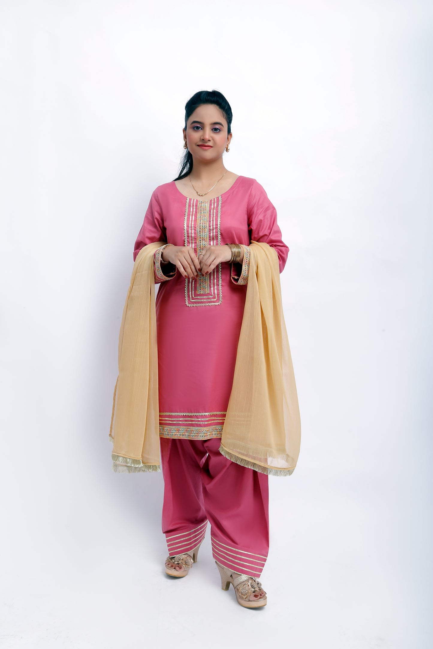 3 piece T-Pink Cotton Plazo Suit with Multicolor & Golden Laces & Golden Chiffon Dupatta. (Stitch)