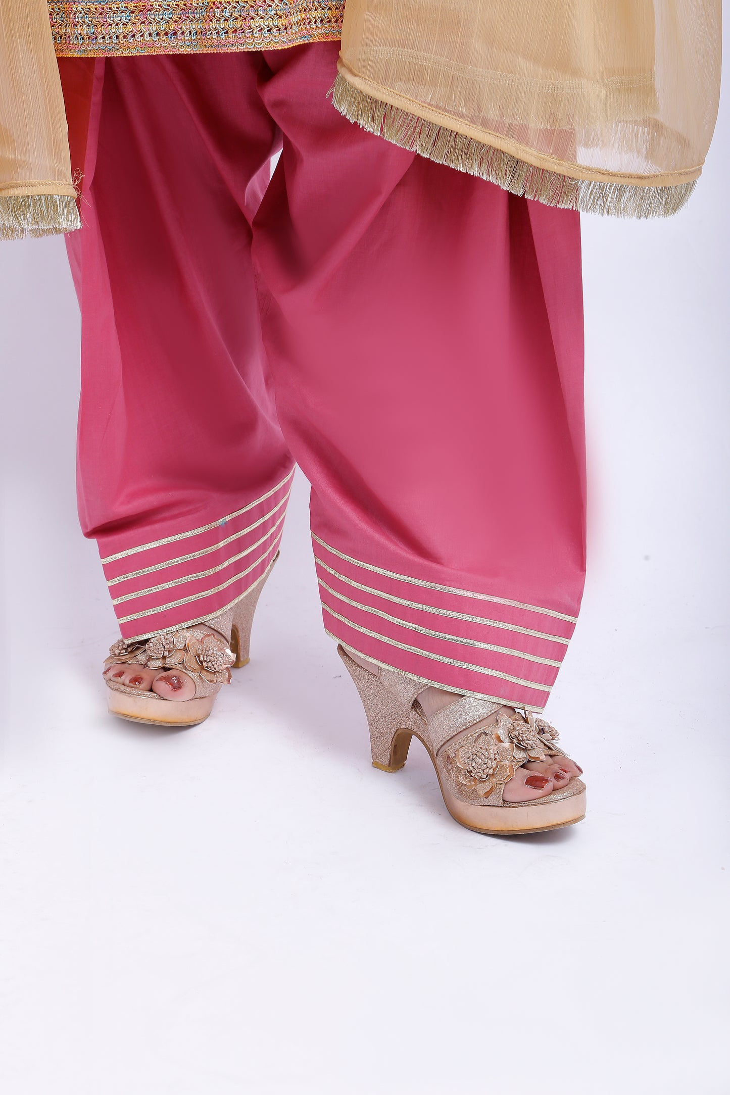 3 piece T-Pink Cotton Plazo Suit with Multicolor & Golden Laces & Golden Chiffon Dupatta. (Stitch)