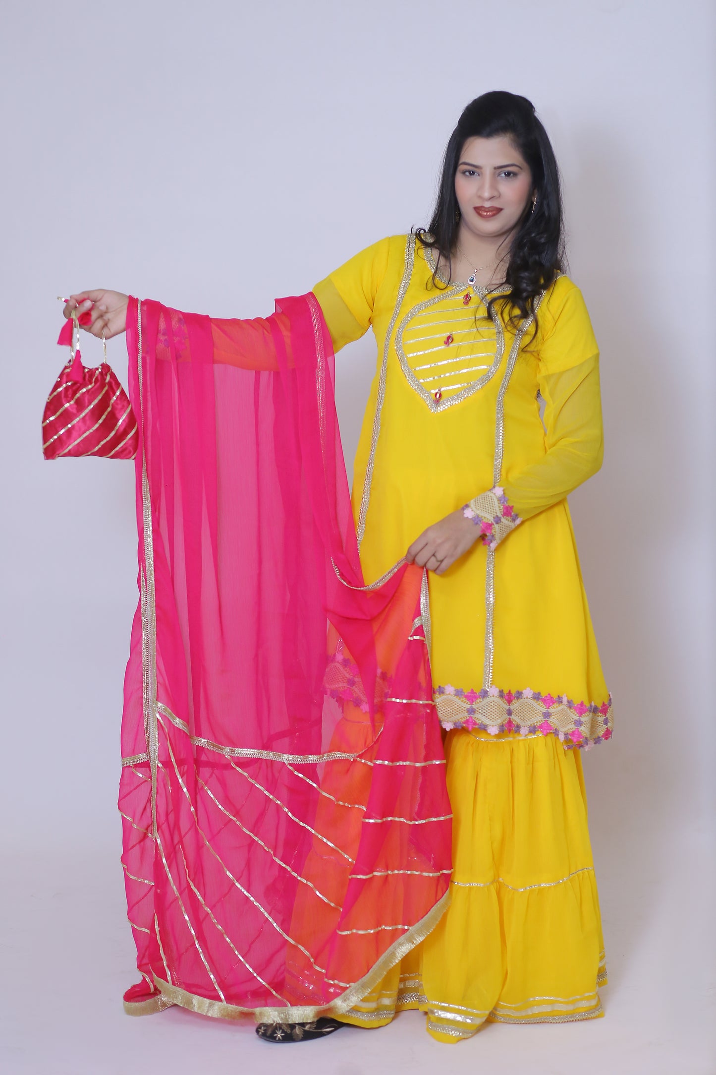 3 piece Beautiful Stunning Yellow Chiffon Gharara Suit with Shocking Pink Chiffon Dupatta & multicolor Laces.(Stitch)