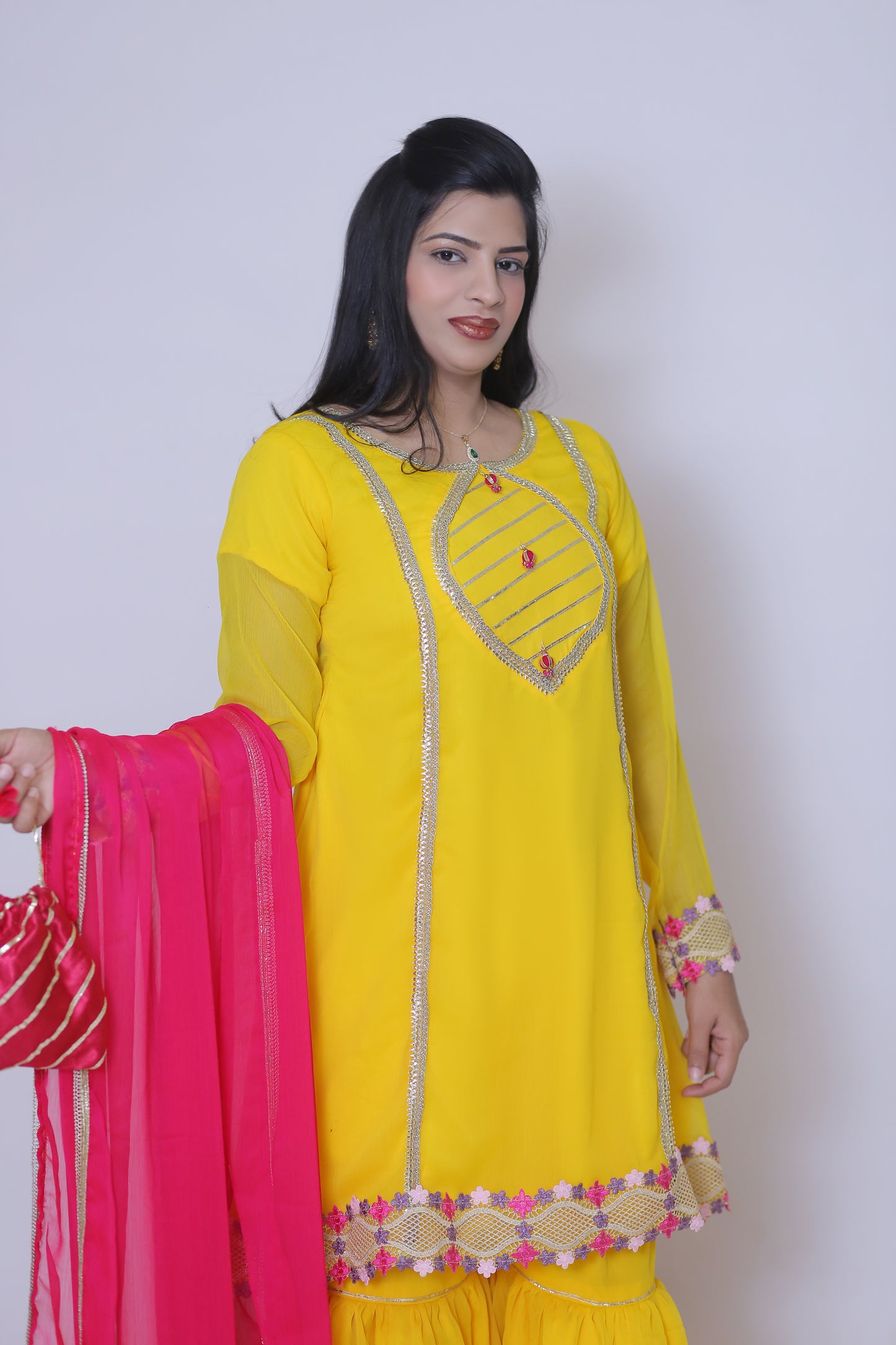 3 piece Beautiful Stunning Yellow Chiffon Gharara Suit with Shocking Pink Chiffon Dupatta & multicolor Laces.(Stitch)