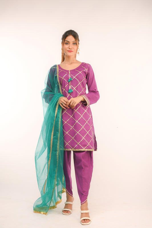 3 piece Purple Cotton Tulip Suit with Sea Green net Dupatta & Golden Laces.(Stitch).