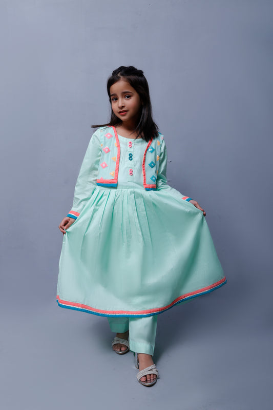 3 piece Stunning Cyan(Aqua Green) Cotton Frock with Multicolor Embroidered net Coati & Laces. (Stitch)