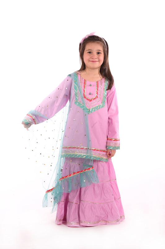 3 piece Light Purple Cotton Gharara Suit with Ferozi net Dupatta & Laces.(Stitch).