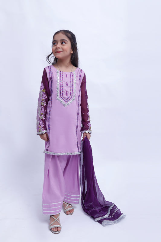 3 piece Light Purple Plazo Suit with Beautiful Silver Sitara Embroidered Purple Chiffon Sleeves & Purple Chiffon Dupatta. (Stitch)
