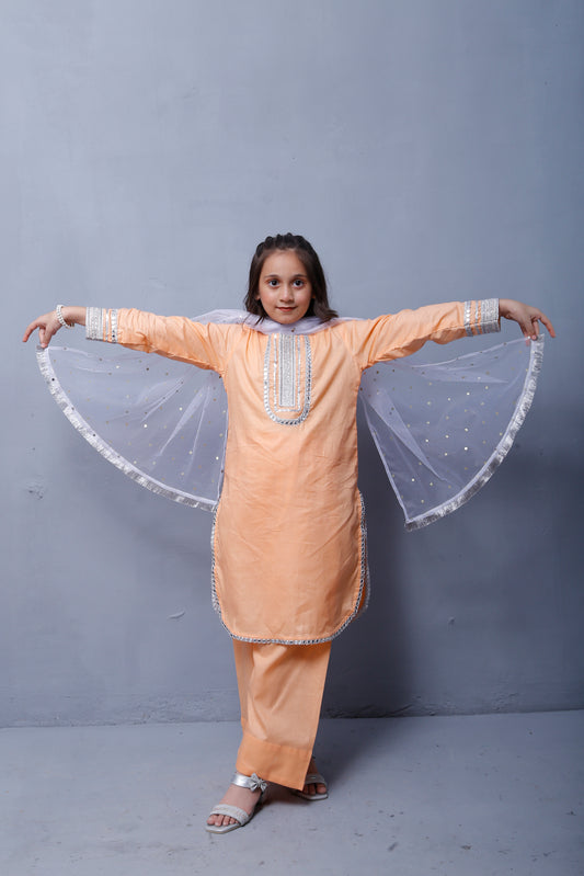 3 piece Peach Cotton Plazo Shalwar Kameez Suit with White/Silver Laces & White/Silver net chan Dupatta.(Stitch)