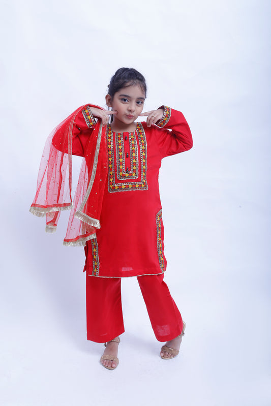 3 piece Stunning Red Cotton Plazo Suit with Beautiful Multicolor & Golden Laces & Red chan net Dupatta. (Stitch)