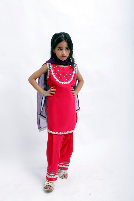 3 piece Elegant Shocking Pink Cotton Sleeveless Plazo Suit with Silver & Purple Laces & Purple Chiffon Dupatta. (Stitch)