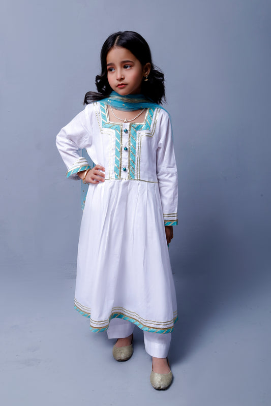 3 piece beautiful White Frock Cotton Suit with Cyan(Aqua Green) Laces & Cyan(Aqua Green) Chan net Dupatta (Stitch).