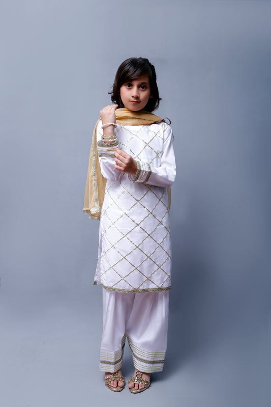 3 piece Elegant White Cotton Plazo Shalwar Kameez Suit with Golden Laces & Golden Chiffon Dupatta.(Stitch)