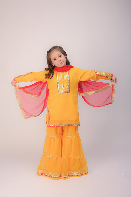 3 piece Yellow Chiffon Gharara Suit with Red Chiffon Dupatta with Laces.(Stitch).
