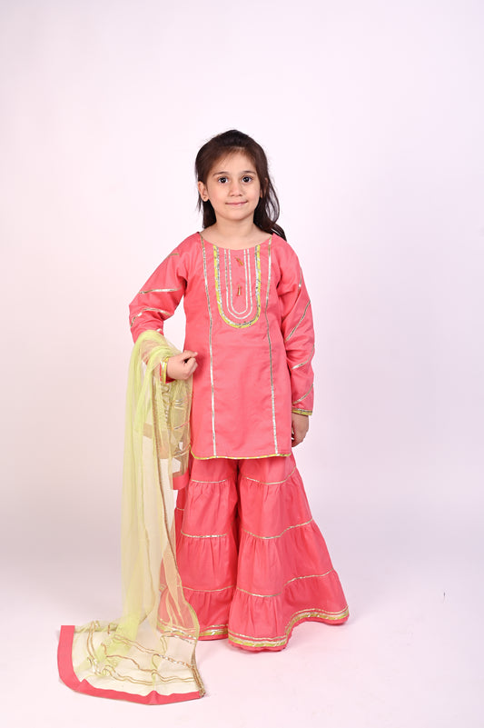 3 piece beautiful Pink Cotton Gharara Suit with Pistachio Green Net Dupatta & Pistachio Green Laces.(Stitch)