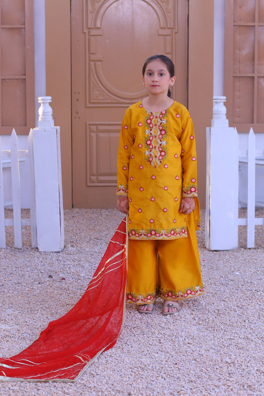 3 piece Mustered Raw Silk Embroidered Plazo Suit with Reddish Maroon Chiffon Dupatta & Golden Laces.(Stitch)