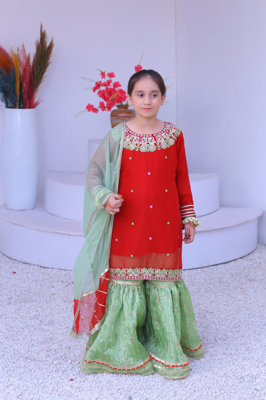 3 piece Beautiful Reddish Maroon Chiffon Embroidery Gharara Suit with Pistachio Green Embroidery Crush Gharara & Pistachio Green Chiffon Dupatta & Golden Laces.(Stitch).