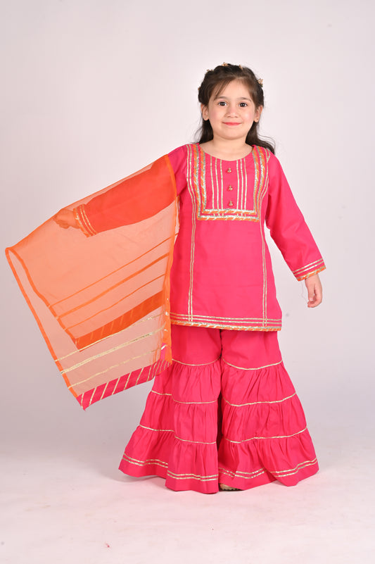 3 piece Shocking Pink Cotton Gharara Suit with Orange net Dupatta & Laces.(Stitch).