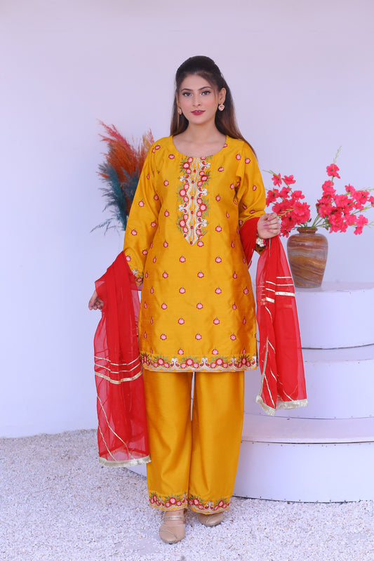 3 piece Mustered Raw Silk Embroidered Plazo Suit with Reddish Maroon Chiffon Dupatta & Golden Laces.(Stitch)