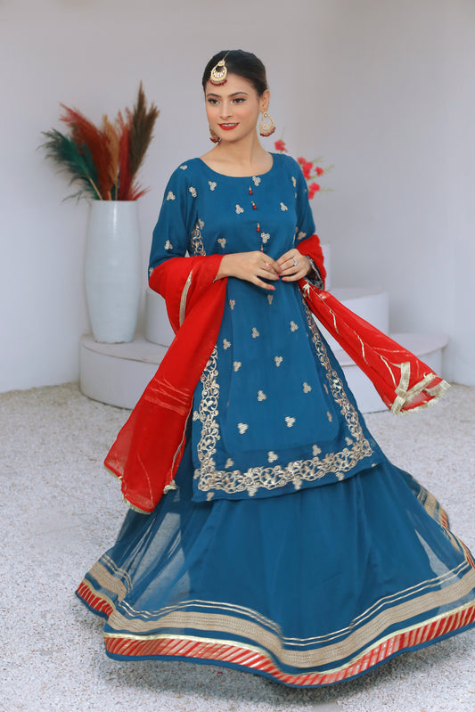 3 piece Peacock Embroidered Chiffon Long Shirt Lehenga Suit With Reddish Maroon Chiffon Dupatta & Golden Laces.(Stitch)