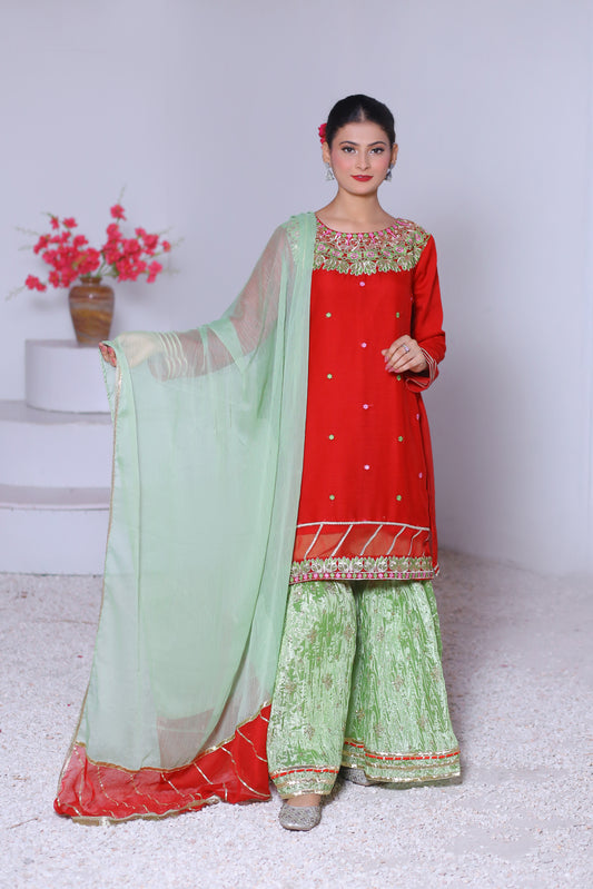 3 piece Beautiful Reddish Maroon Chiffon Embroidery Gharara Suit with Pistachio Green Embroidery Crush Gharara & Pistachio Green Chiffon Dupatta & Golden Laces.(Stitch).