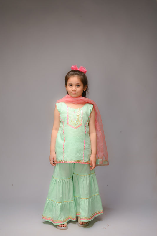 3 piece Aqua Green (Cyan) Cotton Sleeveless Gharara Suit with Baby Pink net Dupatta & Baby Pink & Golden Laces.(Stitch)