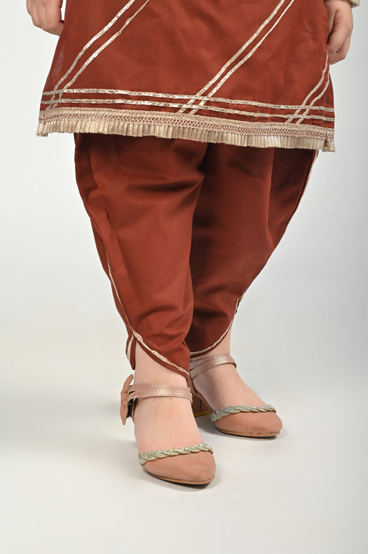 3 piece beautiful BROWN Cotton Tulip Suit with Brown net Dupatta & Laces.