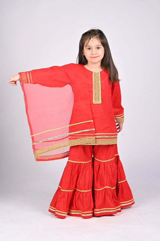3 piece Red Cotton Gharara Suit with Red net Dupatta & Golden Laces(Stitch).