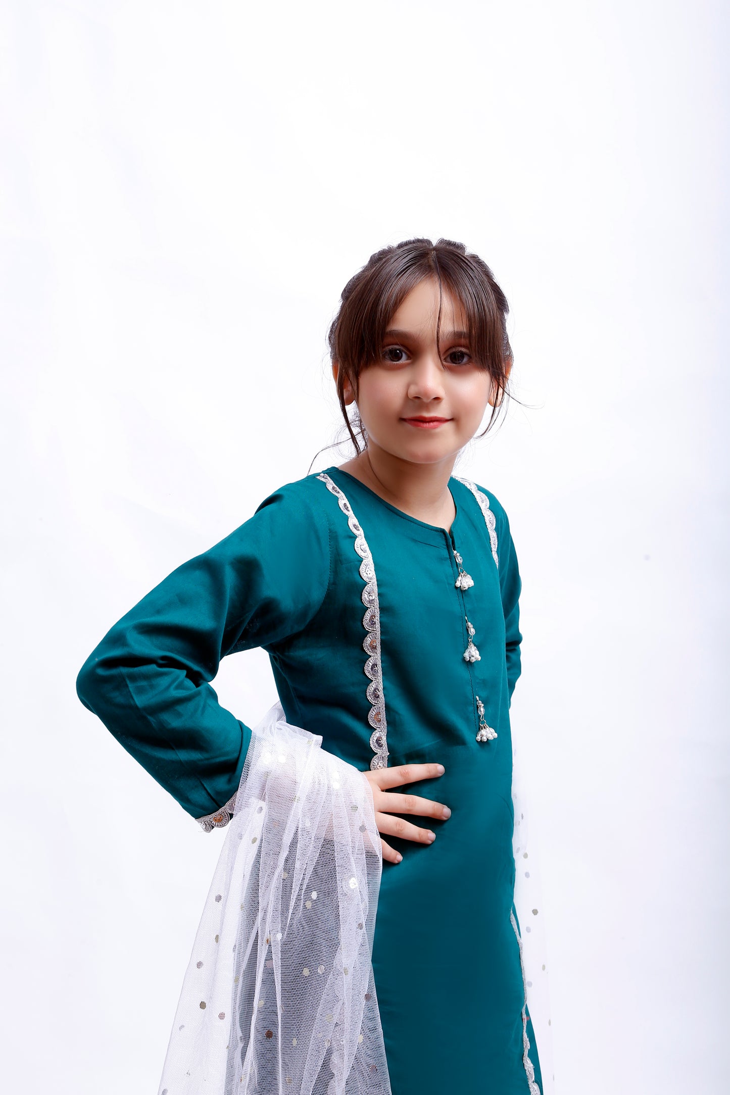 3 piece Sea Green Shirt & White Trouser Cotton Suit with White/Silver Chan net Dupatta & Silver Laces(Stitch)