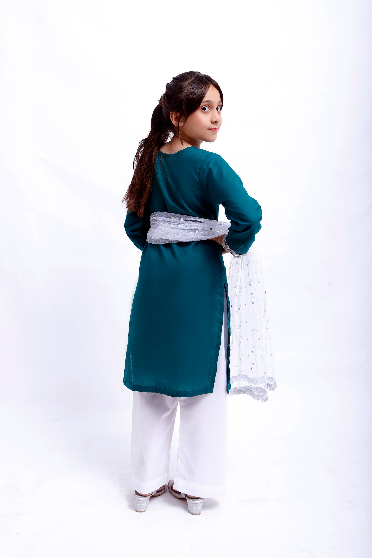 3 piece Sea Green Shirt & White Trouser Cotton Suit with White/Silver Chan net Dupatta & Silver Laces(Stitch)