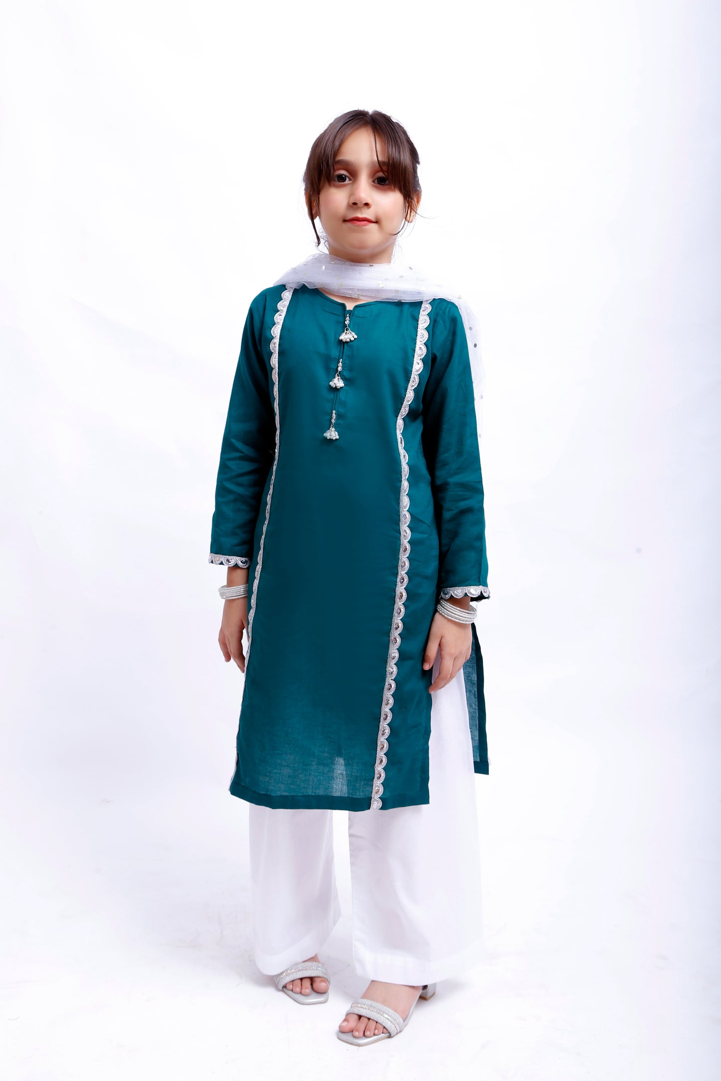 3 piece Sea Green Shirt & White Trouser Cotton Suit with White/Silver Chan net Dupatta & Silver Laces(Stitch)