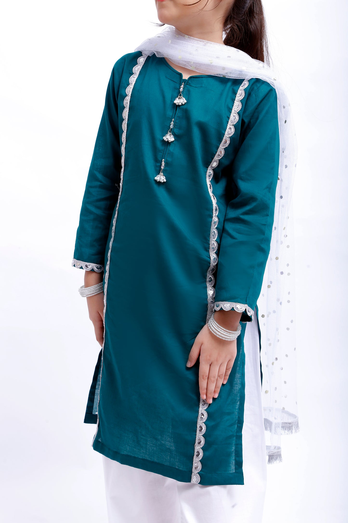 3 piece Sea Green Shirt & White Trouser Cotton Suit with White/Silver Chan net Dupatta & Silver Laces(Stitch)