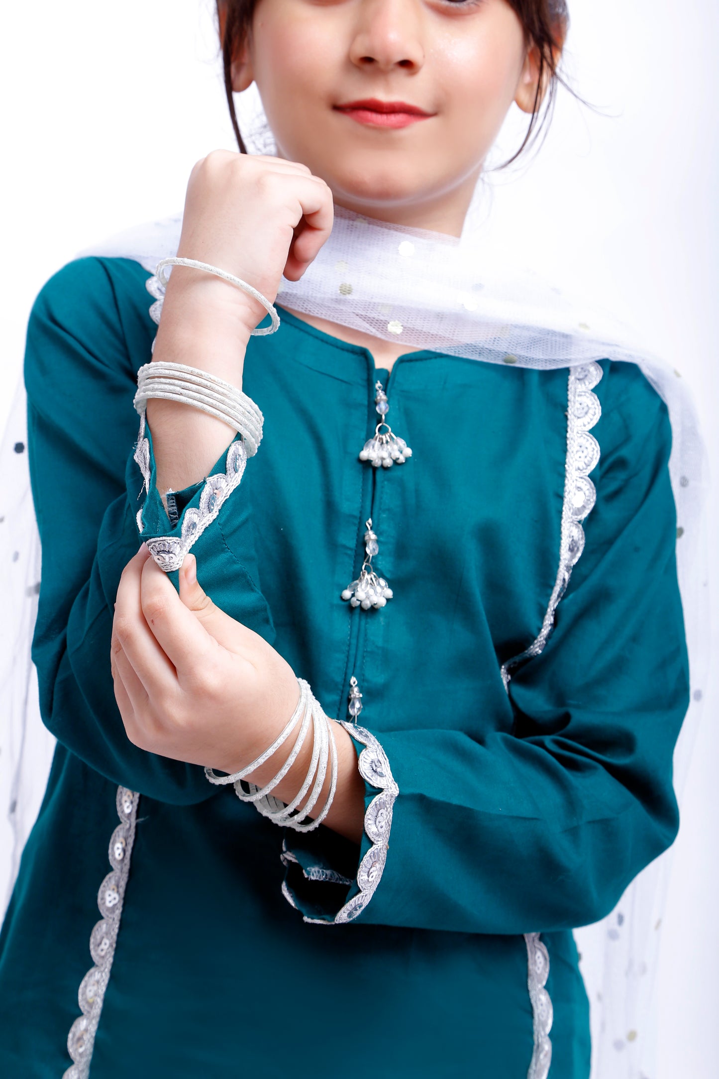 3 piece Sea Green Shirt & White Trouser Cotton Suit with White/Silver Chan net Dupatta & Silver Laces(Stitch)
