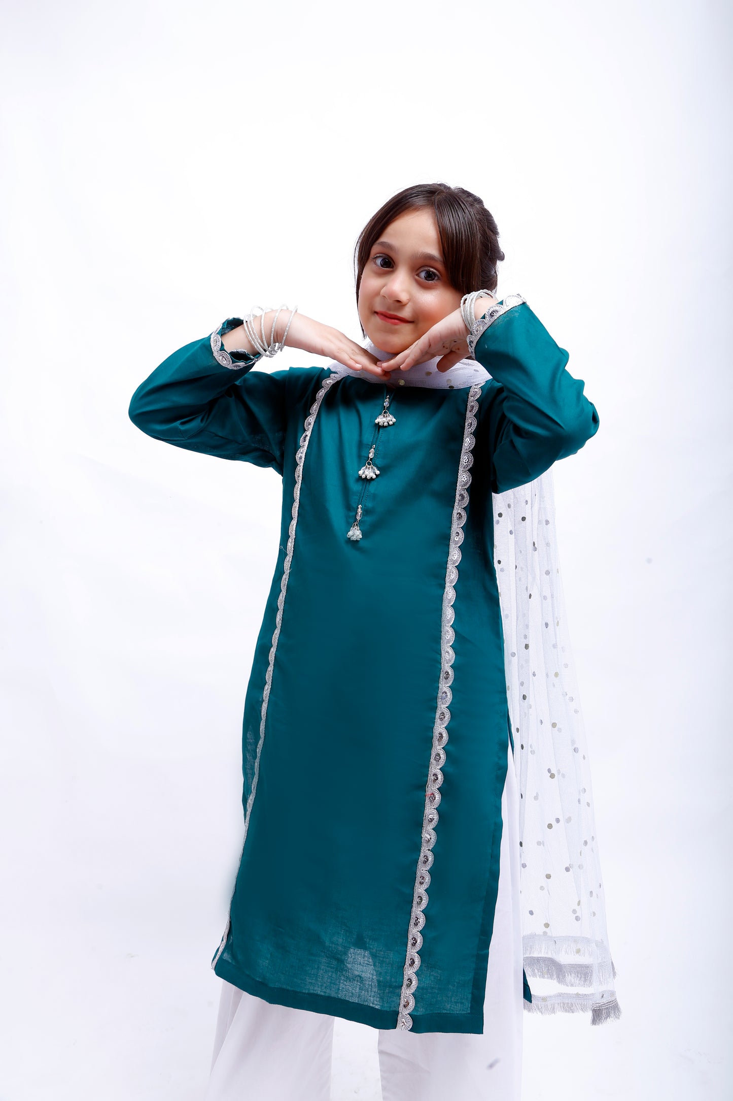 3 piece Sea Green Shirt & White Trouser Cotton Suit with White/Silver Chan net Dupatta & Silver Laces(Stitch)