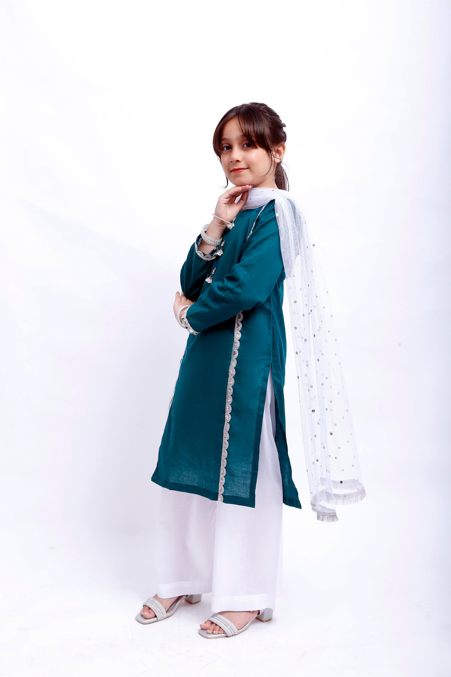 3 piece Sea Green Shirt & White Trouser Cotton Suit with White/Silver Chan net Dupatta & Silver Laces(Stitch)