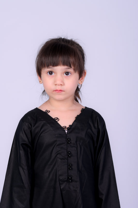 3 piece JET BLACK Cotton Suit with Black net Dupatta.(Stitch)