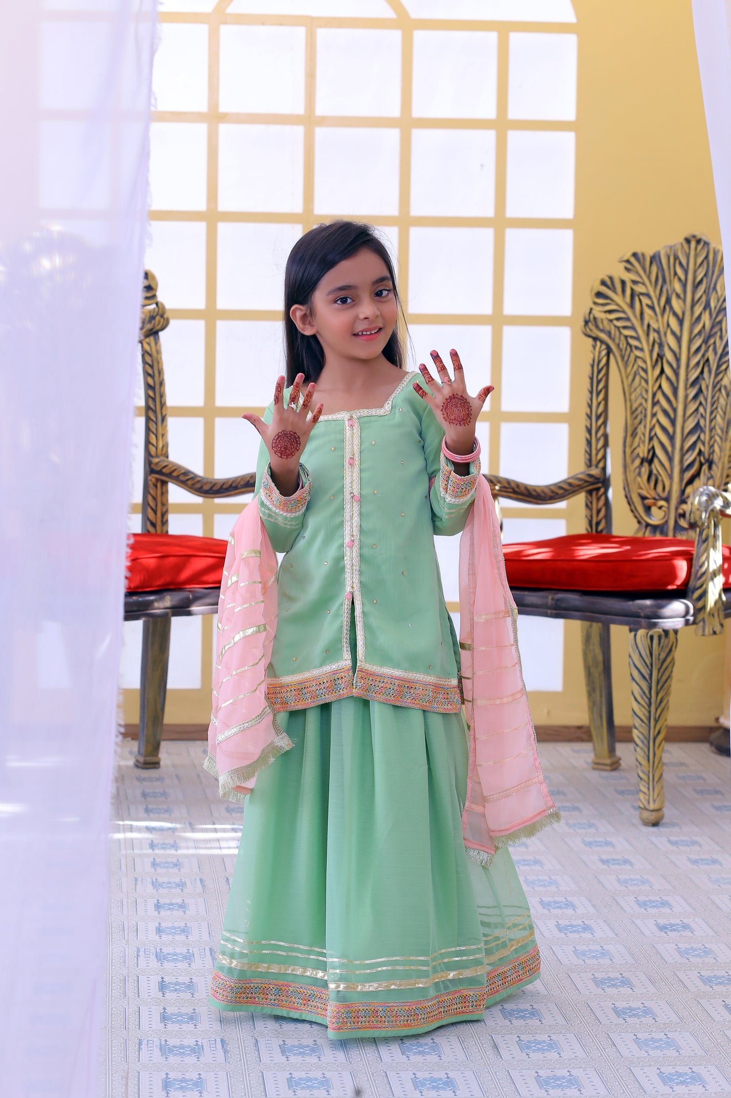 3 piece Pistachio Green Chiffon Lehenga Suit with Baby Pink Chiffon Dupatta & Multicolor & Golden Laces .(Stitch)
