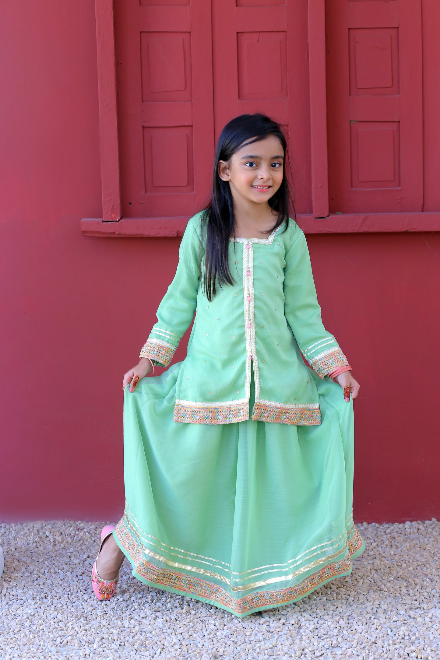 3 piece Pistachio Green Chiffon Lehenga Suit with Baby Pink Chiffon Dupatta & Multicolor & Golden Laces .(Stitch)