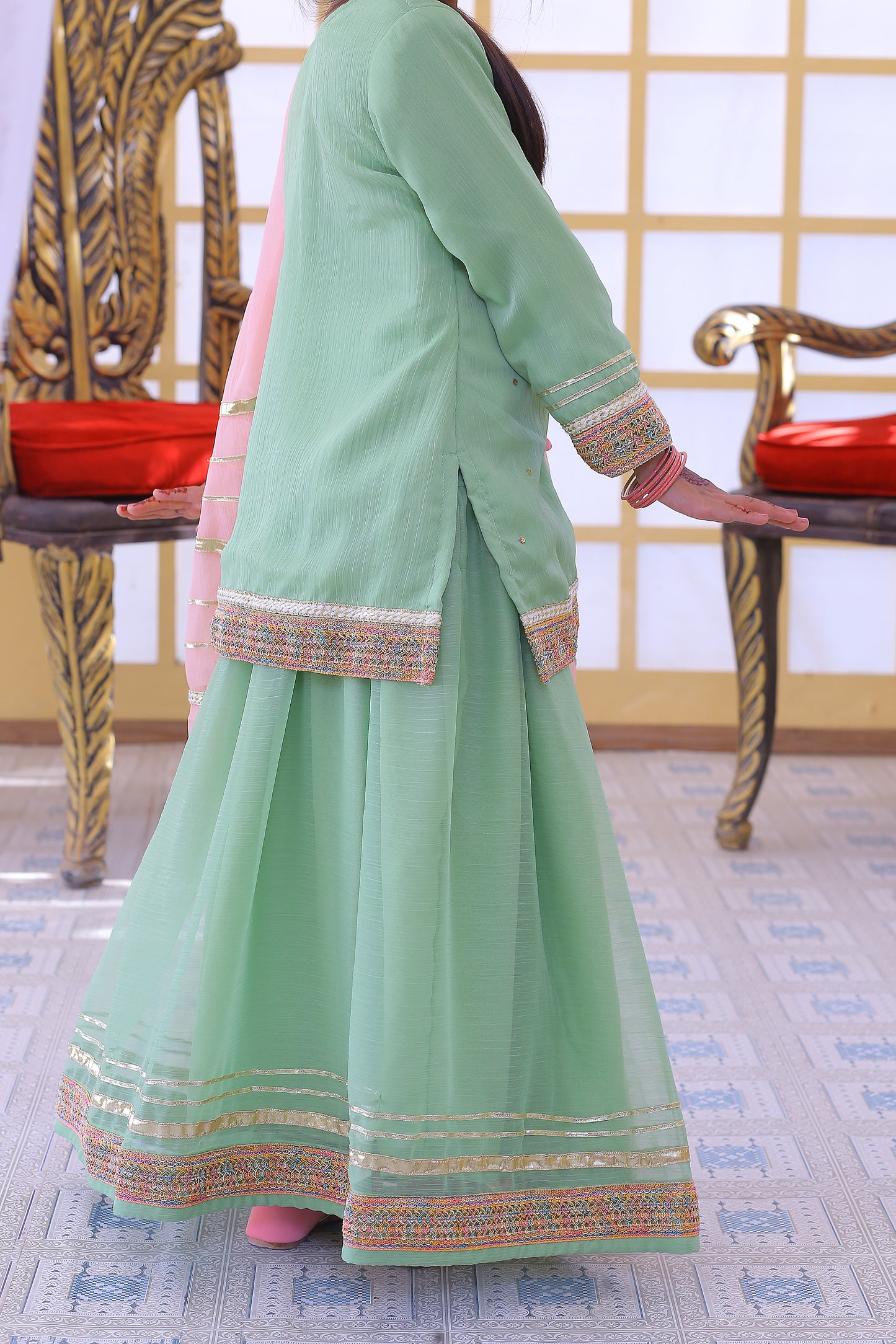 3 piece Pistachio Green Chiffon Lehenga Suit with Baby Pink Chiffon Dupatta & Multicolor & Golden Laces .(Stitch)