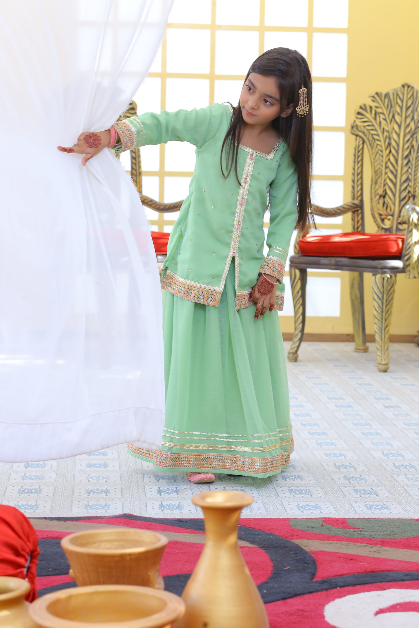 3 piece Pistachio Green Chiffon Lehenga Suit with Baby Pink Chiffon Dupatta & Multicolor & Golden Laces .(Stitch)