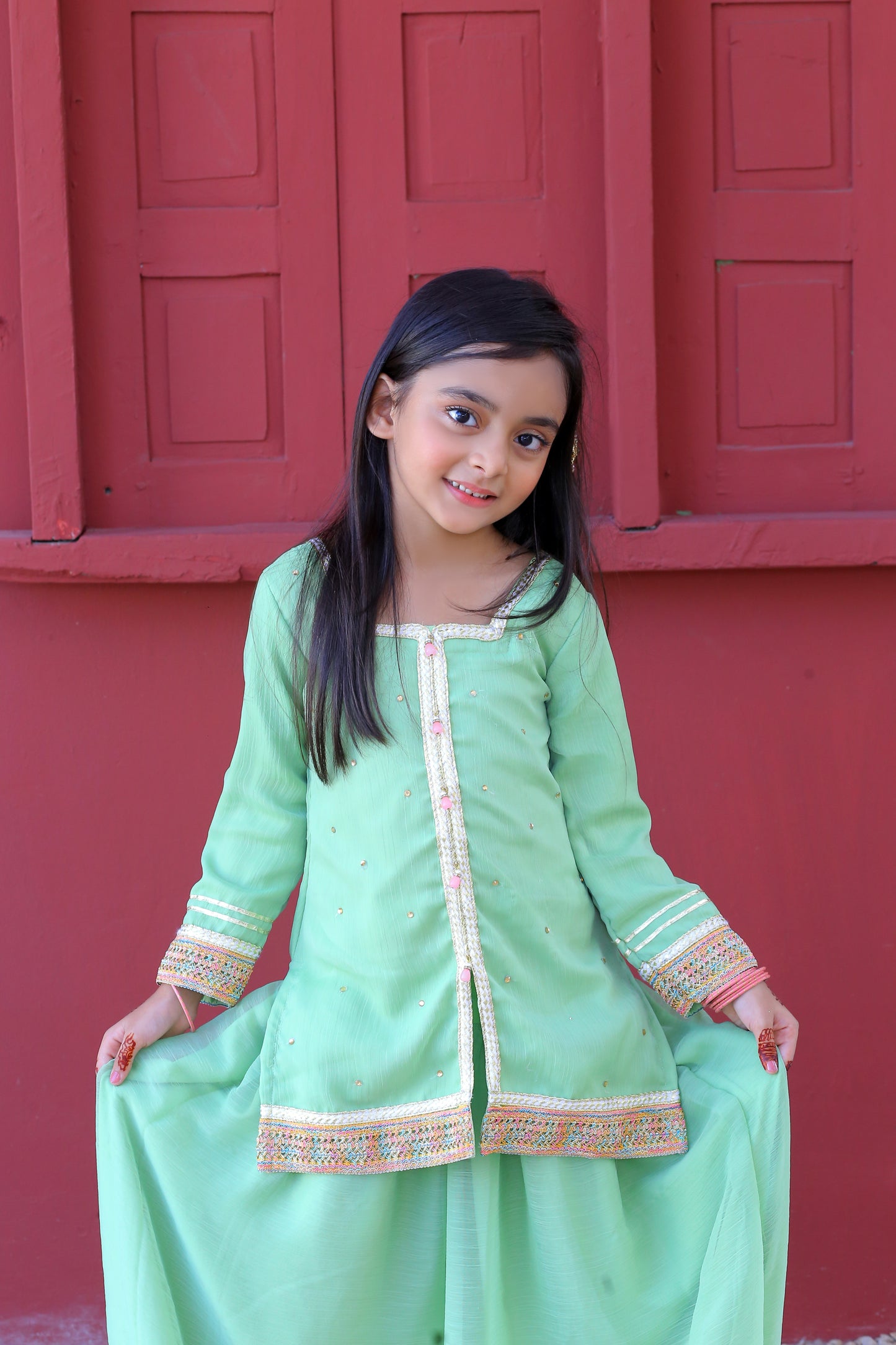 3 piece Pistachio Green Chiffon Lehenga Suit with Baby Pink Chiffon Dupatta & Multicolor & Golden Laces .(Stitch)