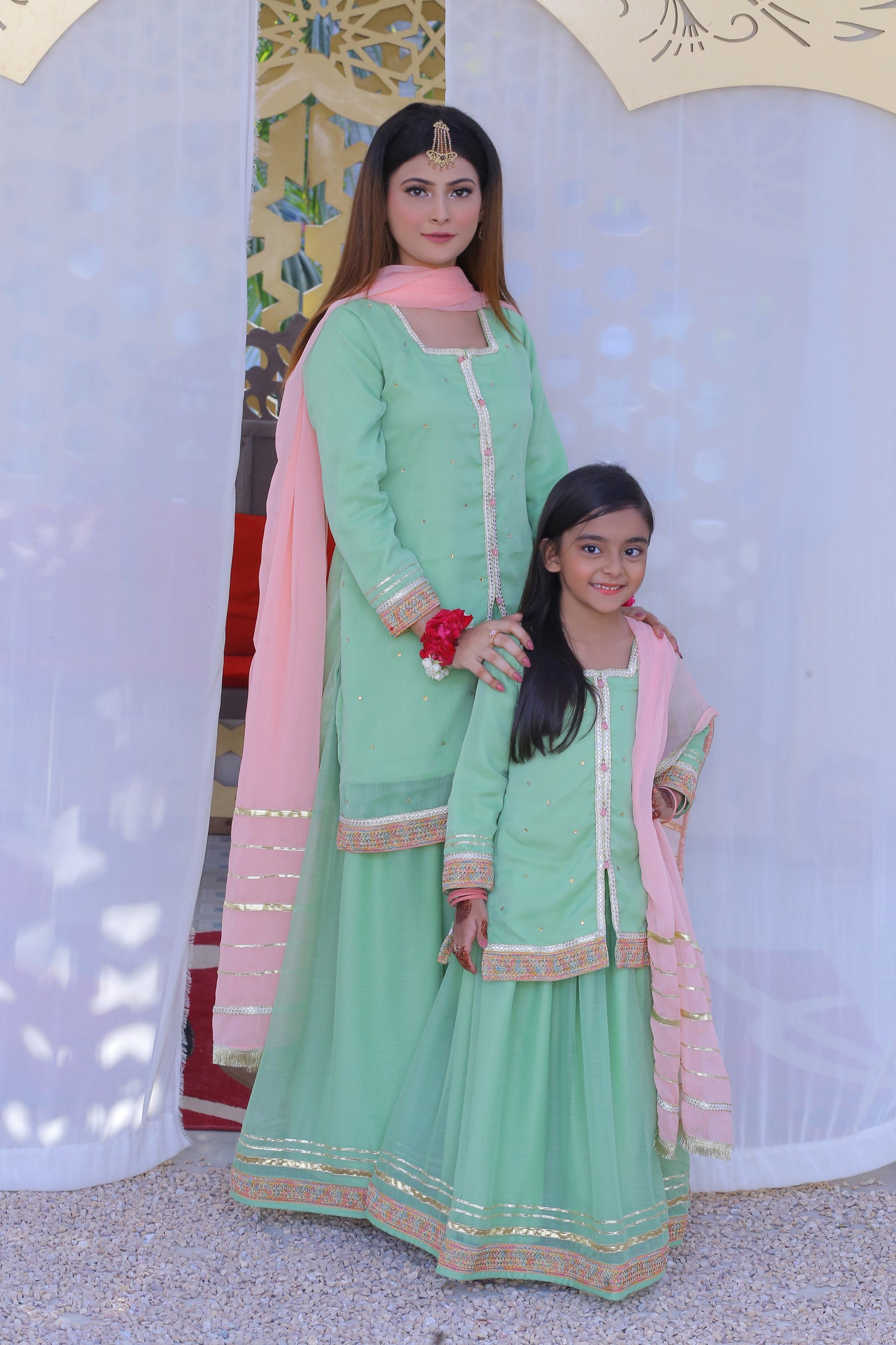 3 piece Pistachio Green Chiffon Lehenga Suit with Baby Pink Chiffon Dupatta & Multicolor & Golden Laces .(Stitch)