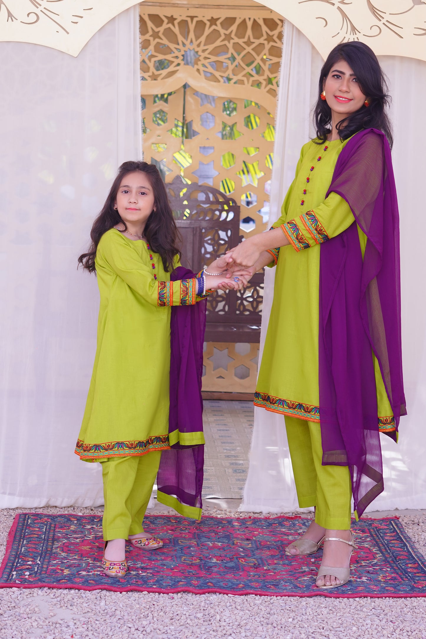 3 piece Dhani(Green) Embroidered Cotton Airline Frock Suit with Purple Chiffon Dupatta & Laces.(Stitch).
