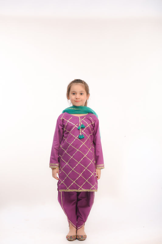 3 piece Purple Cotton Tulip Suit with Sea Green net Dupatta & Golden Laces.(Stitch).