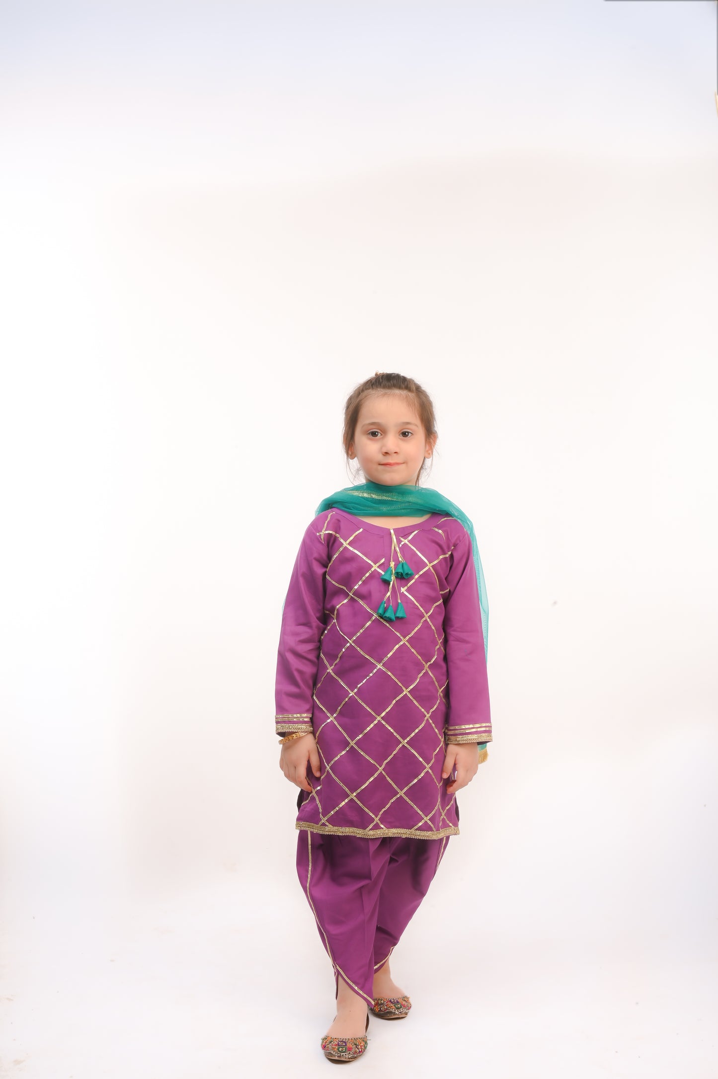 3 piece Purple Cotton Tulip Suit with Sea Green net Dupatta & Golden Laces.(Stitch).