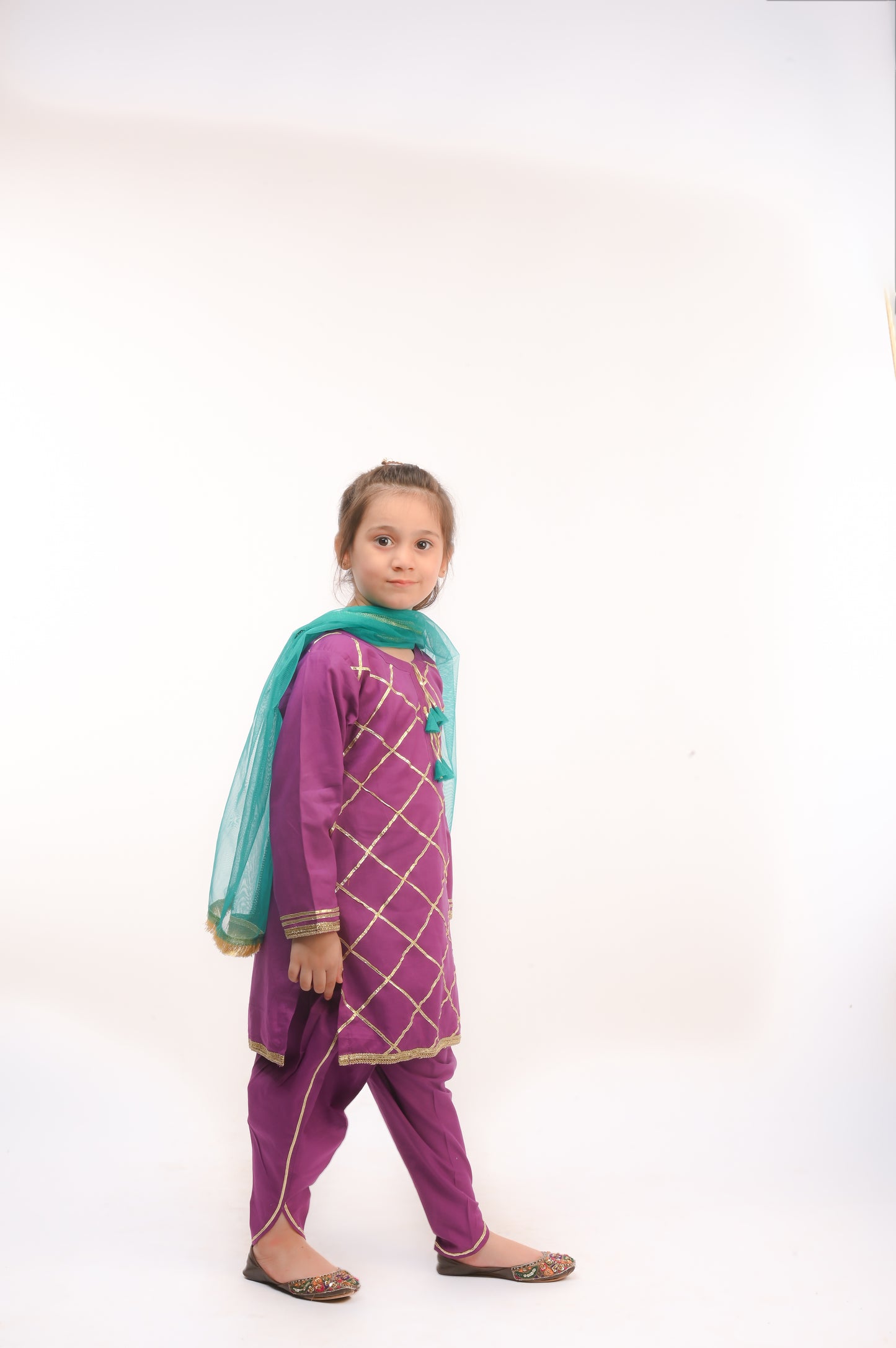 3 piece Purple Cotton Tulip Suit with Sea Green net Dupatta & Golden Laces.(Stitch).