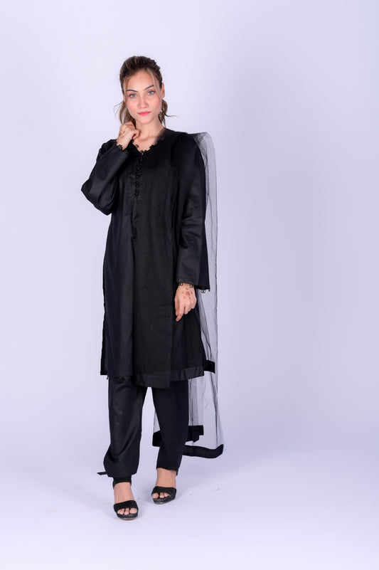 3 piece JET BLACK Cotton Suit with Black net Dupatta.(Stitch)
