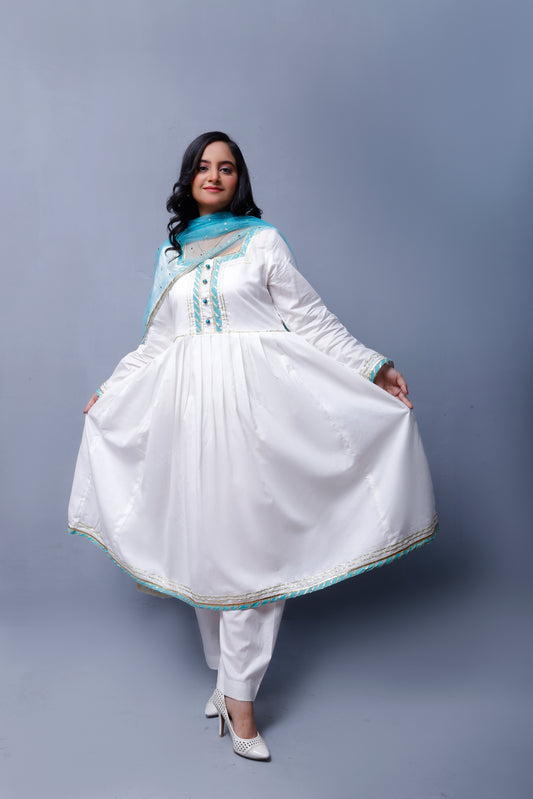 3 piece beautiful White Frock Cotton Suit with Cyan(Aqua Green) Laces & Cyan(Aqua Green) Chan net Dupatta (Stitch).