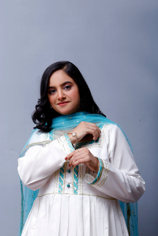 3 piece beautiful White Frock Cotton Suit with Cyan(Aqua Green) Laces & Cyan(Aqua Green) Chan net Dupatta (Stitch).